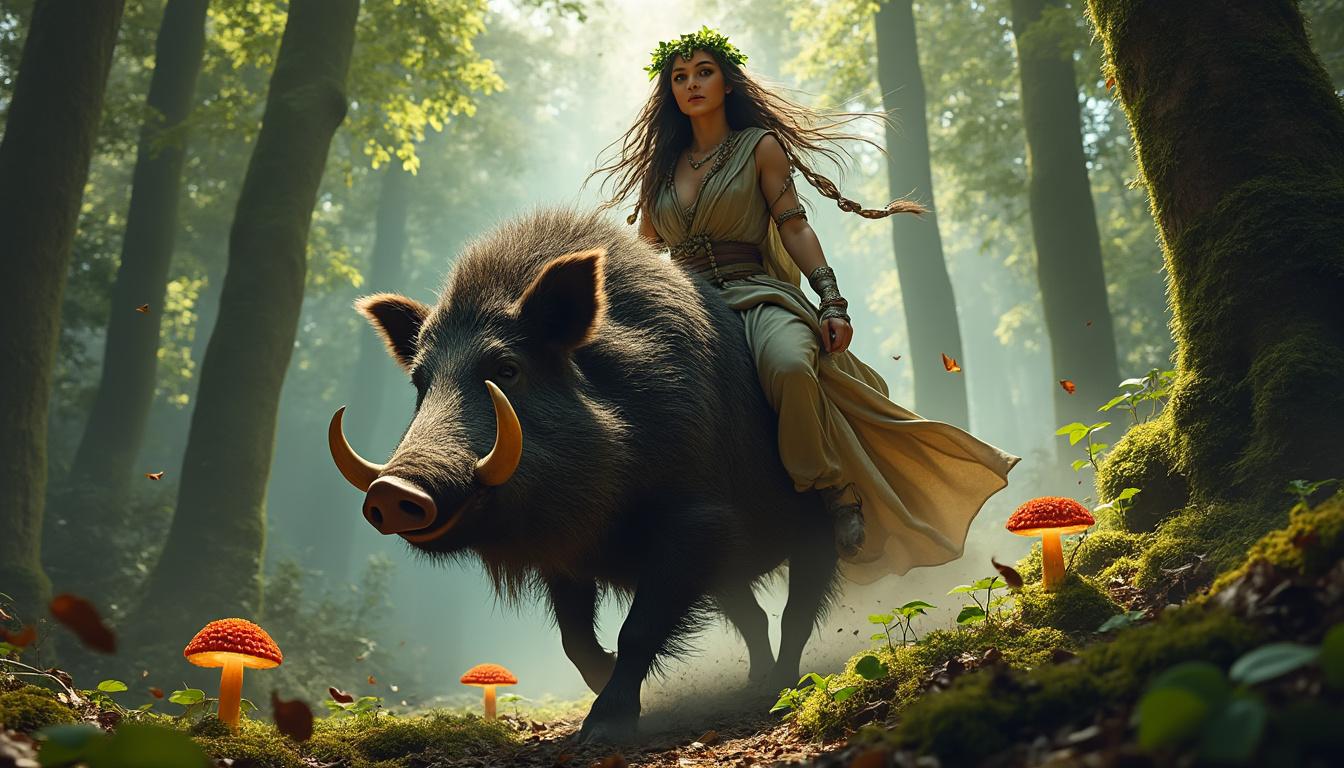découvrez arduinna, déesse de la nature sauvage, chevauchant fièrement son sanglier. plongez dans un monde mystique où la faune et la flore s'épanouissent, symbole de puissance et de liberté.