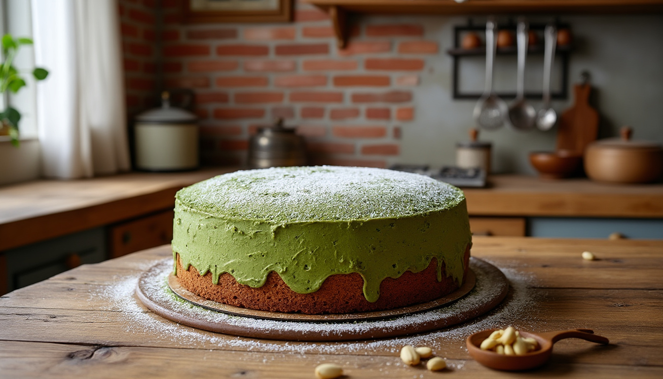 savourez un délicieux gâteau au thé matcha et aux amandes, parfait pour accompagner vos pauses gourmandes grâce à son goût raffiné et sa texture moelleuse.