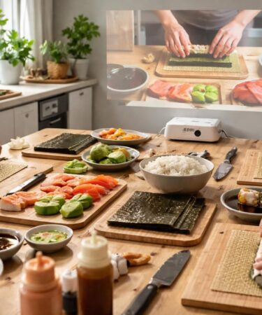 participez à notre atelier sushi maison avec un mini vidéoprojecteur epson pour suivre chaque geste en temps réel et maîtriser l'art du sushi chez vous.