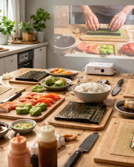 participez à notre atelier sushi maison avec un mini vidéoprojecteur epson pour suivre chaque geste en temps réel et maîtriser l'art du sushi chez vous.