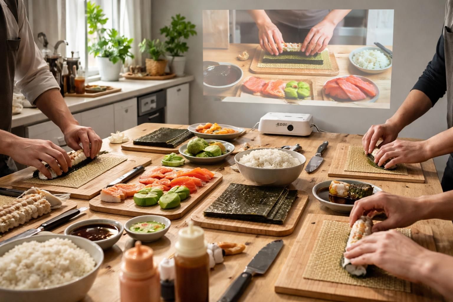 participez à notre atelier sushi maison avec un mini vidéoprojecteur epson pour suivre chaque geste en temps réel et maîtriser l'art du sushi chez vous.