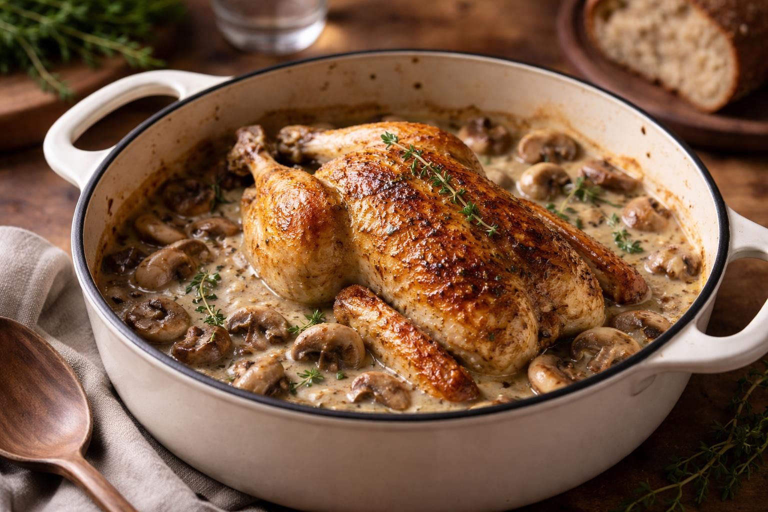 apprenez à préparer une délicieuse pintade en cocotte aux champignons et à la crème fraîche, un plat savoureux et facile pour un dîner parfait en famille ou entre amis.