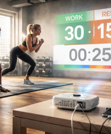 découvrez le chronos hiit géants avec le mini vidéoprojecteur acer, idéal pour vos séances d'intervalles. un setup compact et performant pour un entraînement efficace partout.