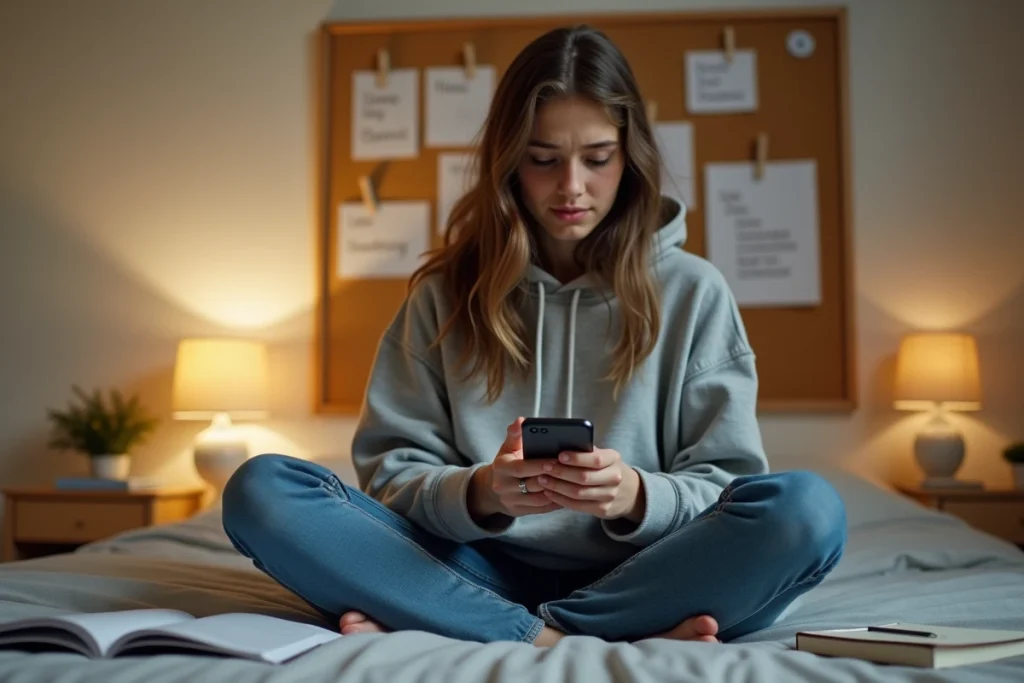 Adolescente perplexe qui hésite en écrivant un message sur son téléphone, se demandant s'il faut écrire je t'envoie ou je t'envoi en français