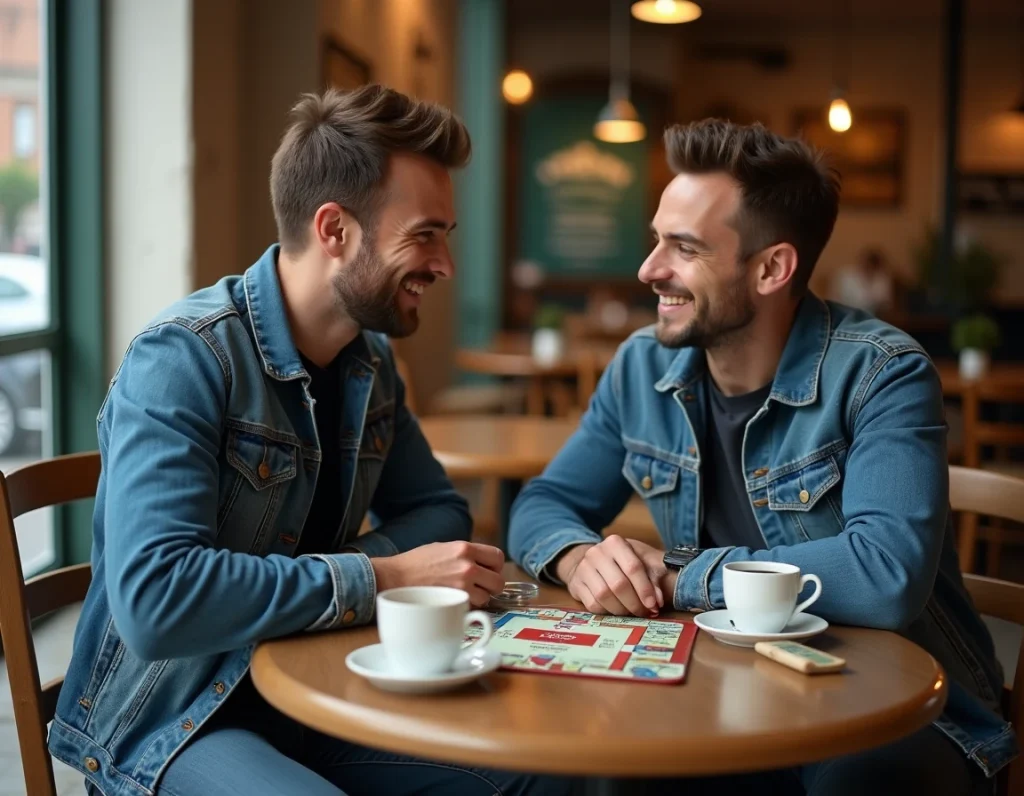 Deux amis jouant au Monopoly en français dans un café parisien avec un jeu de voyage et un livret de règles officielles