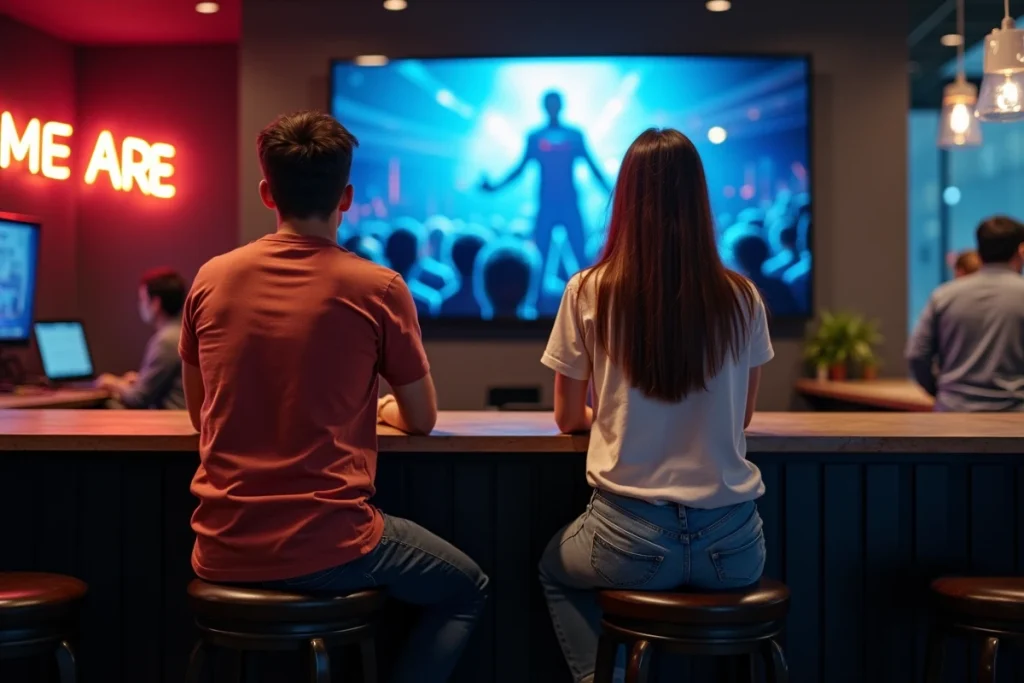 Deux amis suivant ensemble la conférence Summer Game Fest en direct dans un gaming café devant un grand écran mural