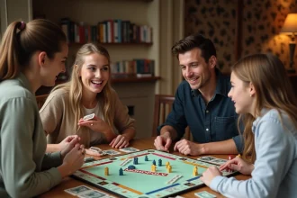 Famille jouant au Monopoly en français autour d'une table en bois avec règles officielles et pièces de jeu colorées