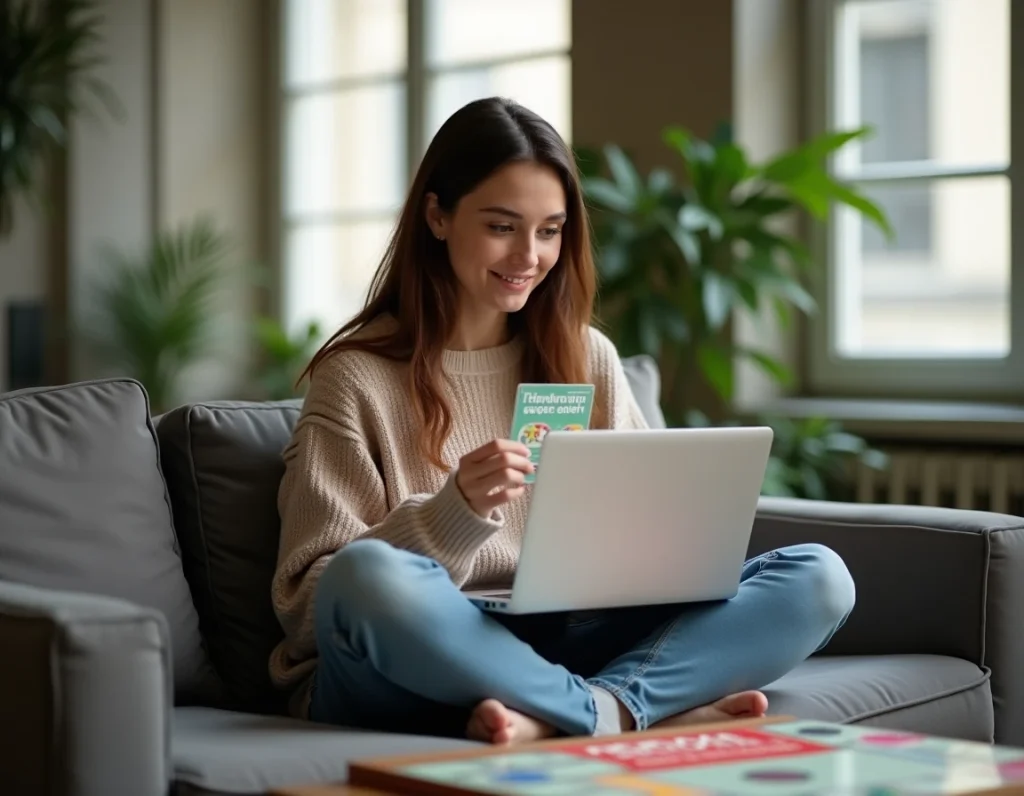 Jeune femme consultant les règles officielles du Monopoly gratuit en français sur ordinateur portable dans un appartement moderne