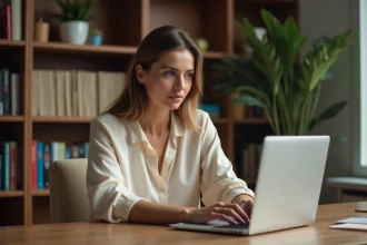 Femme concentrée en train de rédiger un email sur son ordinateur portable, illustrant le doute orthographique entre je t'envoie et je t'envoi