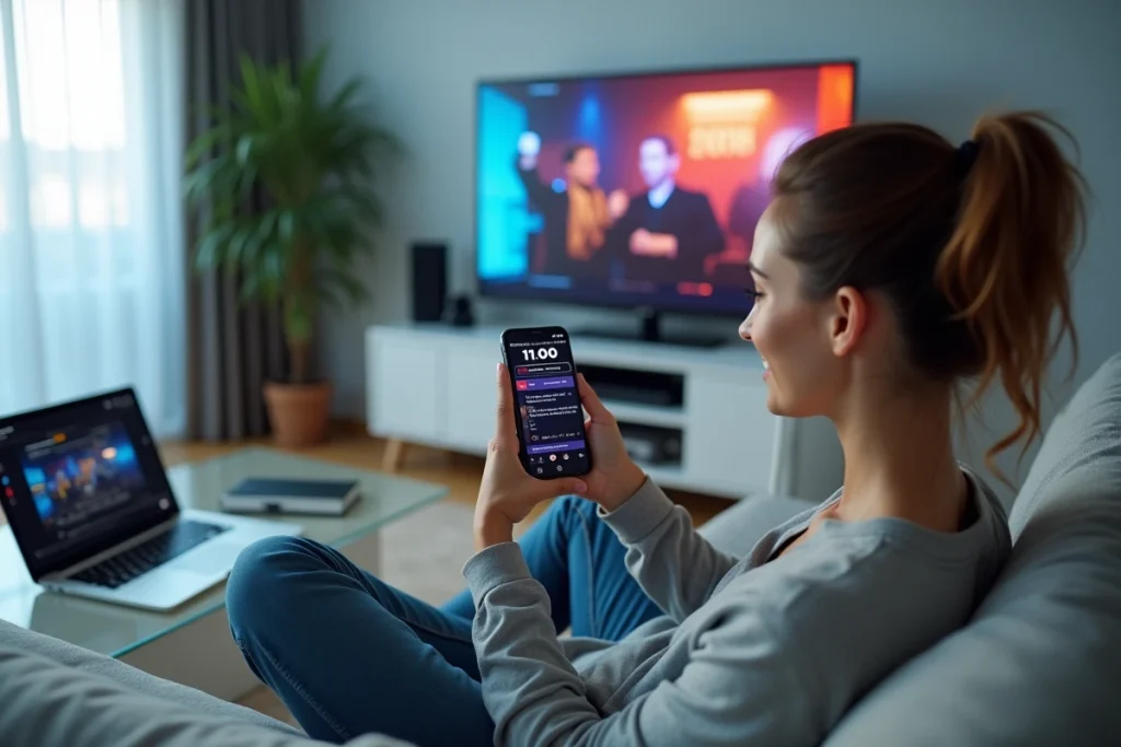 Femme consultant le programme du Summer Game Fest sur smartphone depuis son salon avec un livestream en arrière-plan