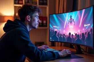 Jeune homme regardant la conférence Summer Game Fest en direct sur un grand écran ultrawide dans un setup gaming à domicile