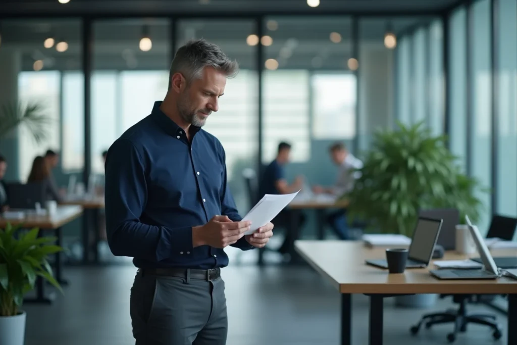 Homme en bureau moderne relisant attentivement une lettre pour vérifier l'orthographe correcte de je t'envoie dans sa correspondance professionnelle