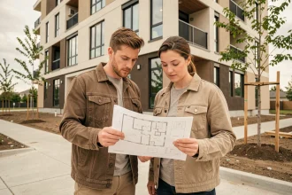 Couple examinant les plans d'un appartement neuf devant un immeuble moderne en construction