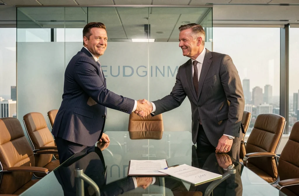 Deux dirigeants d'entreprise signant un accord d'acquisition lors d'une réunion dans une salle de conseil moderne