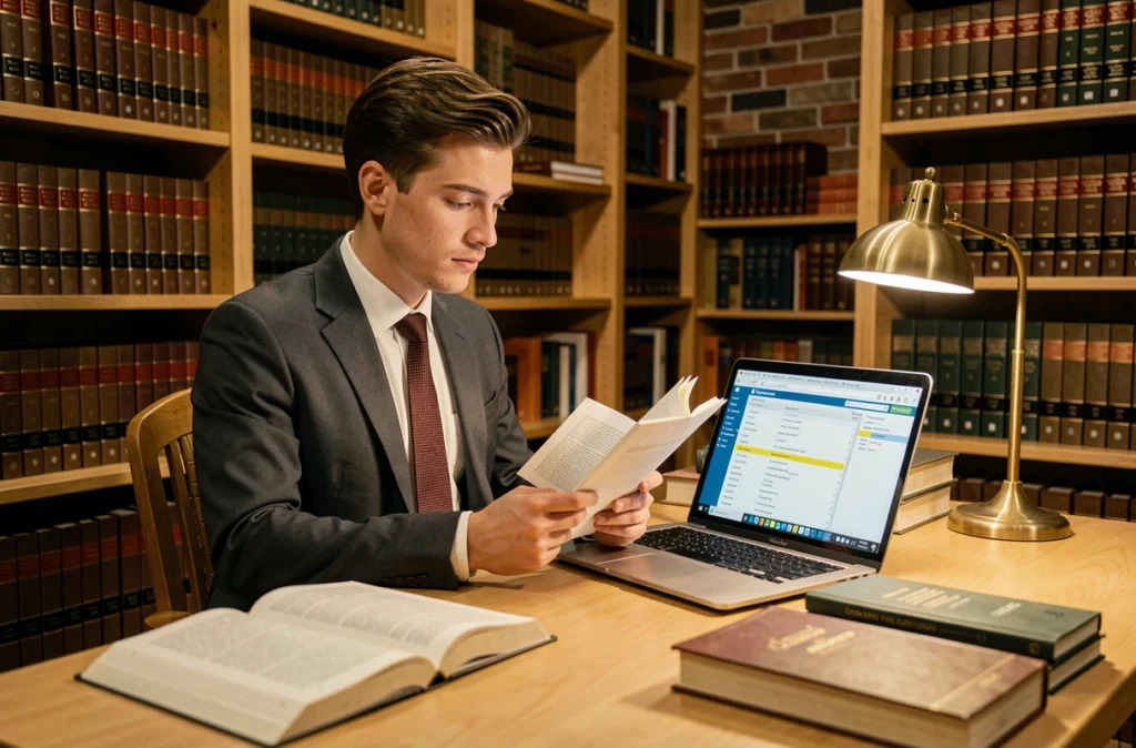 Jeune avocat étudiant la définition de l'acquisition en droit des affaires dans une bibliothèque juridique