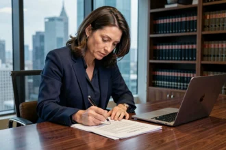Femme d'affaires analysant un contrat d'acquisition dans un bureau juridique moderne avec documents légaux sur table en bois