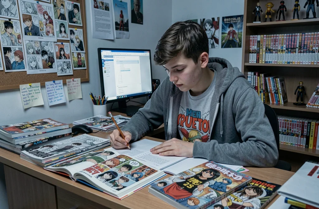 Adolescent comparant des volumes de manga à son bureau dans une chambre décorée de planches de bandes dessinées japonaises