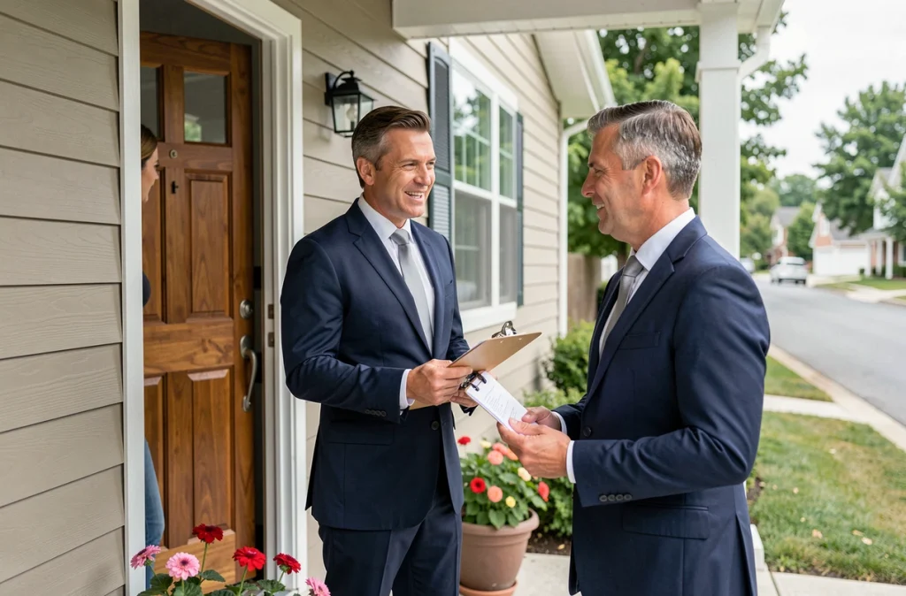 Agent d'assurance habitation en visite chez un propriétaire pour évaluer un sinistre à domicile