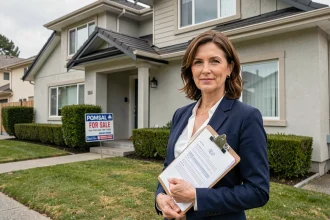 Agente immobilière professionnelle devant une maison à vendre tenant des documents d'estimation