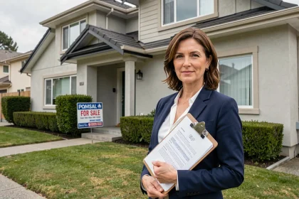 Agente immobilière professionnelle devant une maison à vendre tenant des documents d'estimation
