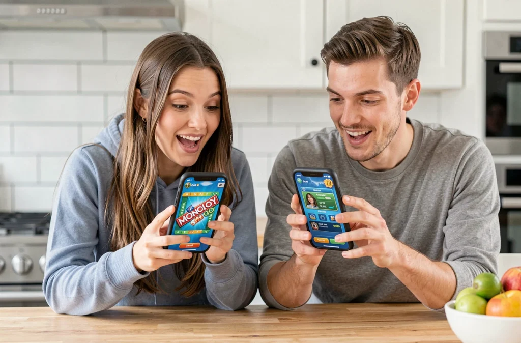 Deux amis comparant leur progression dans le mode magnat de Monopoly GO sur leurs smartphones dans une cuisine moderne