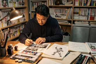 Artiste manga au travail dessinant une scène de combat intense dans son studio tokyoïte, illustration de l'adaptation manga vs anime