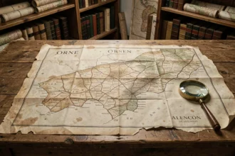 Carte ancienne du département de l'Orne sur une table en chêne avec loupe et documents d'archive