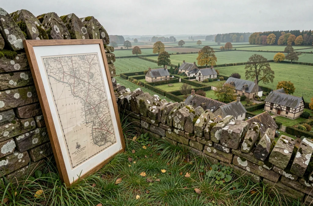 Carte cadastrale ancienne de l'Orne posée contre un mur en pierre devant un paysage bocager normand