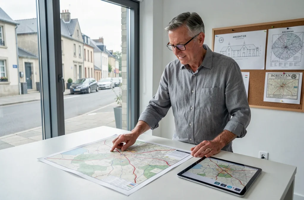 Cartographe comparant une carte moderne et ancienne du département de l'Orne sur une table de travail