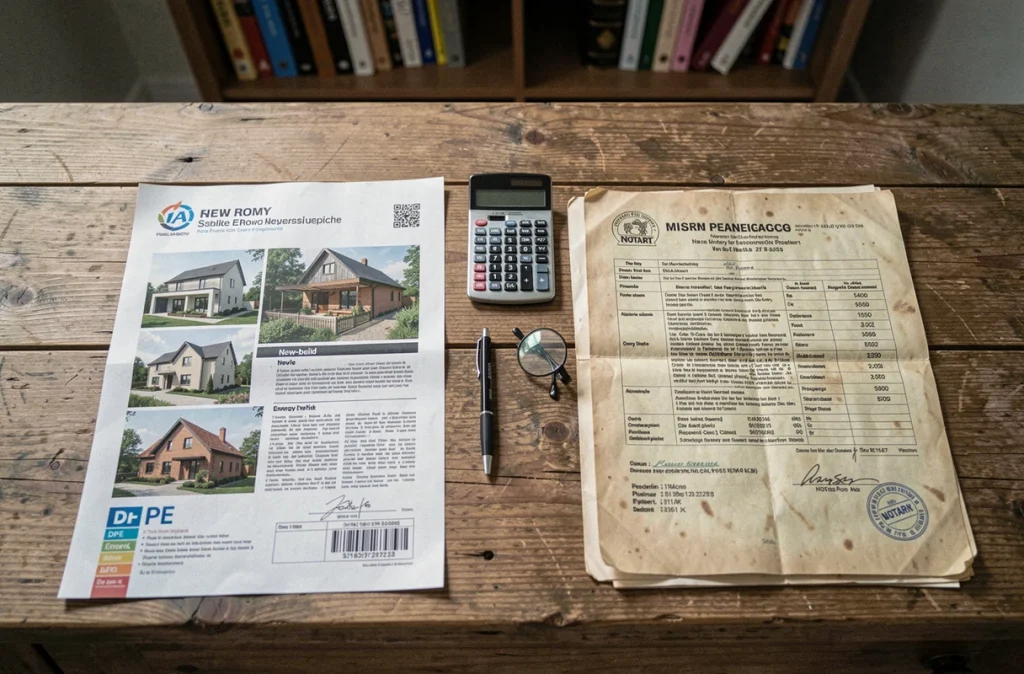 Comparaison de documents immobiliers entre un achat dans le neuf et dans l'ancien sur un bureau