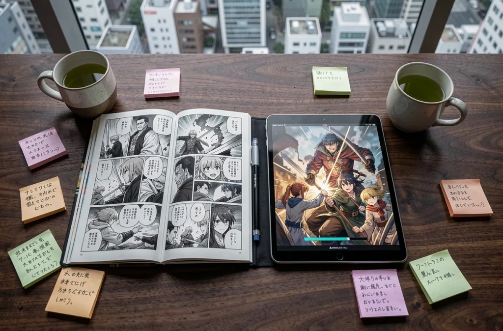 Comparaison visuelle entre les pages du manga et l'anime montrant la scène de mort d'Akaza avec annotations détaillées