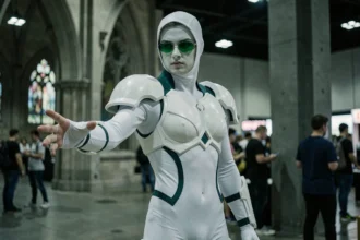 Cosplayer incarnant Ulquiorra Schiffer en costume blanc d'arrancar avec armure d'épaule et lentilles vertes lors d'une convention anime