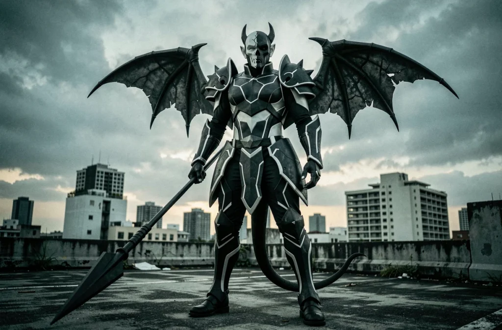 Cosplayer en armure de seconde forme d'Ulquiorra Schiffer avec ailes de chauve-souris et masque brisé sur un toit abandonné au crépuscule