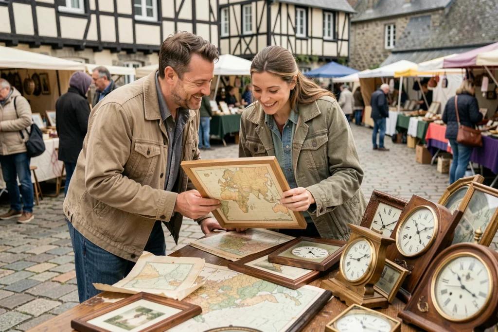 Couple examinant des objets anciens et des œuvres d'art sur un étal de vide-grenier en Bretagne