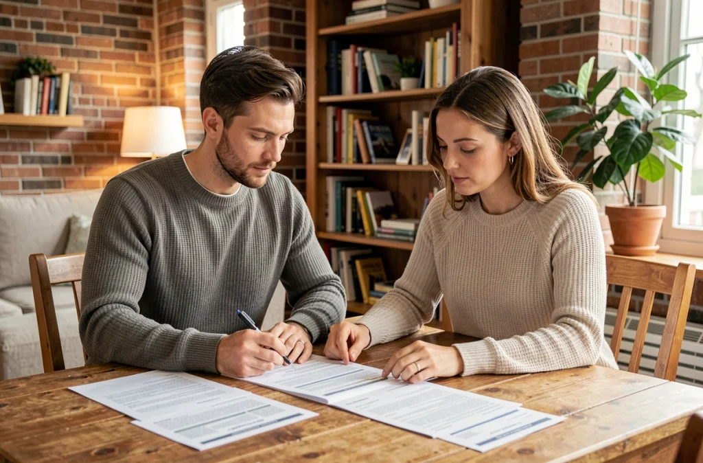 Couple examinant leur contrat d'assurance habitation autour d'une table en bois dans un salon chaleureux