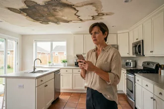 Femme inspectant des dégâts des eaux au plafond de sa cuisine après un sinistre couvert par l'assurance habitation