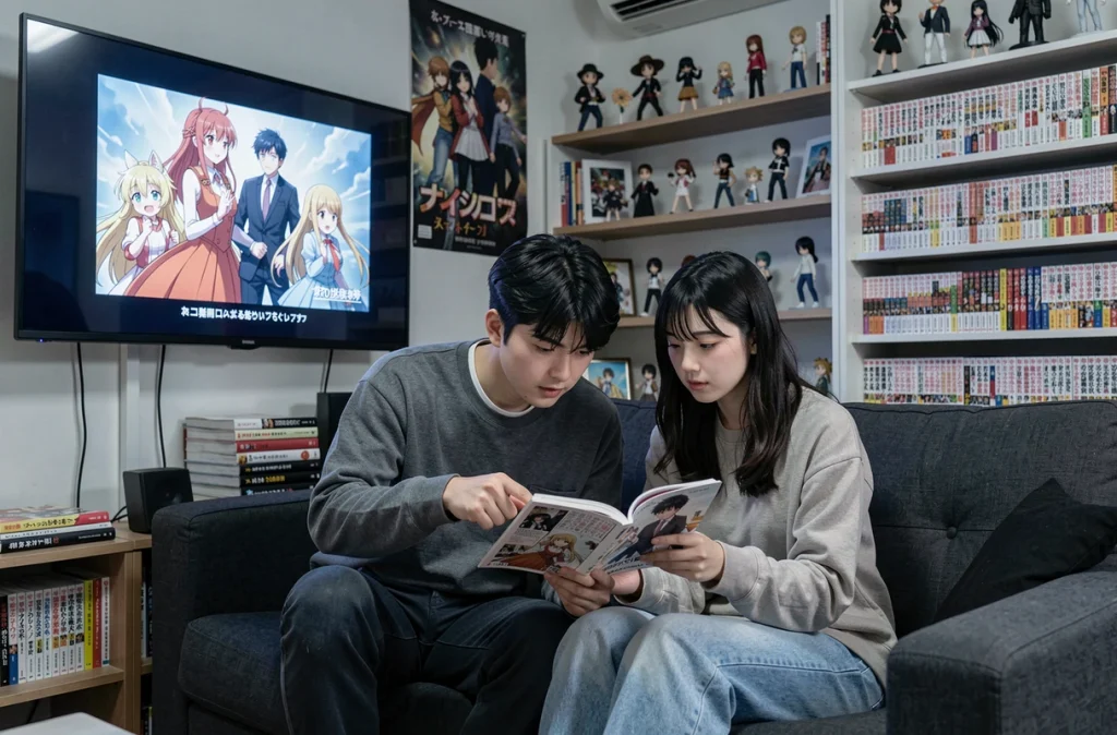 Deux fans d'anime comparant la mort d'Akaza dans le manga et l'anime sur un canapé dans un appartement japonais moderne