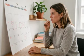 Femme consultant un calendrier mural avec les semaines numérotées pour s'organiser au quotidien