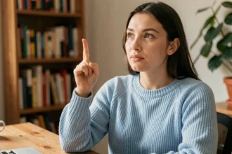 Jeune femme croisant les doigts dans un bureau à domicile, geste de chance et d'espoir