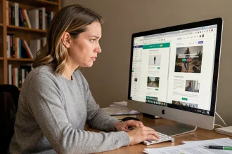 Femme analysant deux sites web similaires sur son ordinateur pour détecter un site miroir frauduleux
