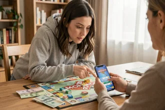 Femme expliquant le mode magnat de Monopoly GO à un ami autour d'une table avec des pièces de jeu et un smartphone