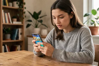 Jeune femme jouant à 4 images 1 mot sur son smartphone à une table en bois dans un appartement moderne