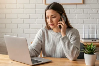 Femme au téléphone avec le service client Sosh pour un problème de fibre optique depuis son bureau à domicile