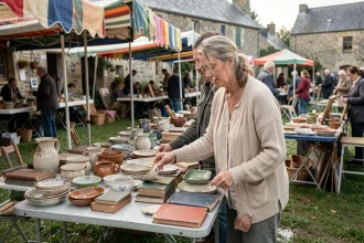 Femme parcourant des objets anciens sur un étal lors d'un vide-grenier en Bretagne, Morbihan