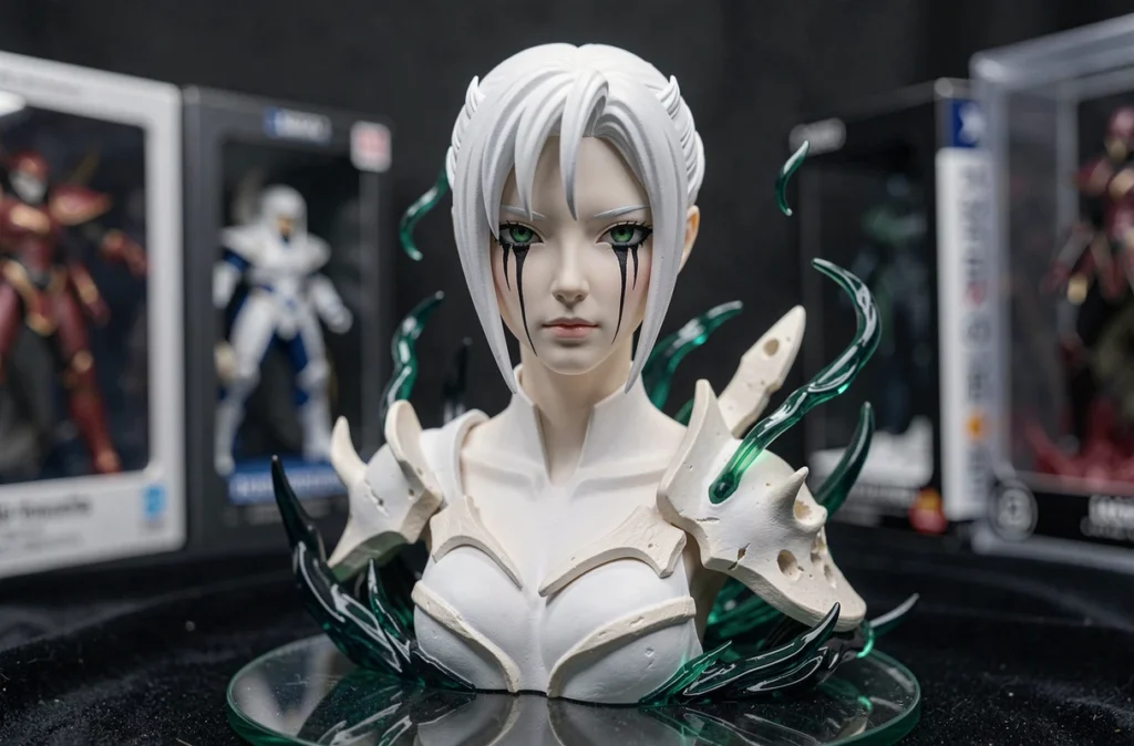 Figurine détaillée d'Ulquiorra Schiffer en résine avec armure blanche et marques sombres sous les yeux exposée dans une vitrine de collectionneur
