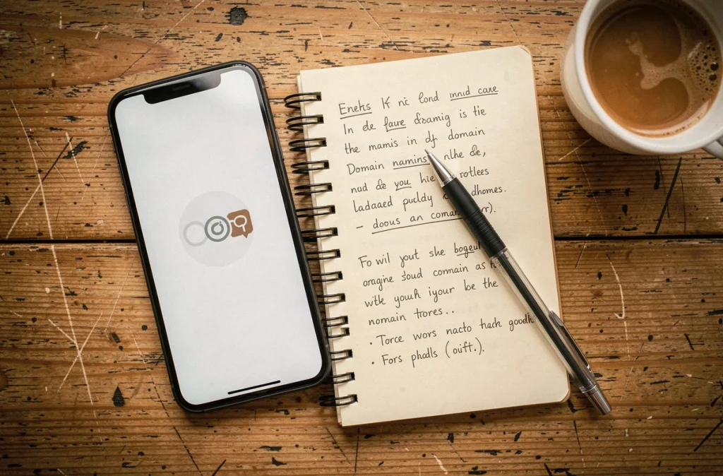 Vue du dessus d'un smartphone affichant un site miroir suspect avec des notes manuscrites comparant des noms de domaine