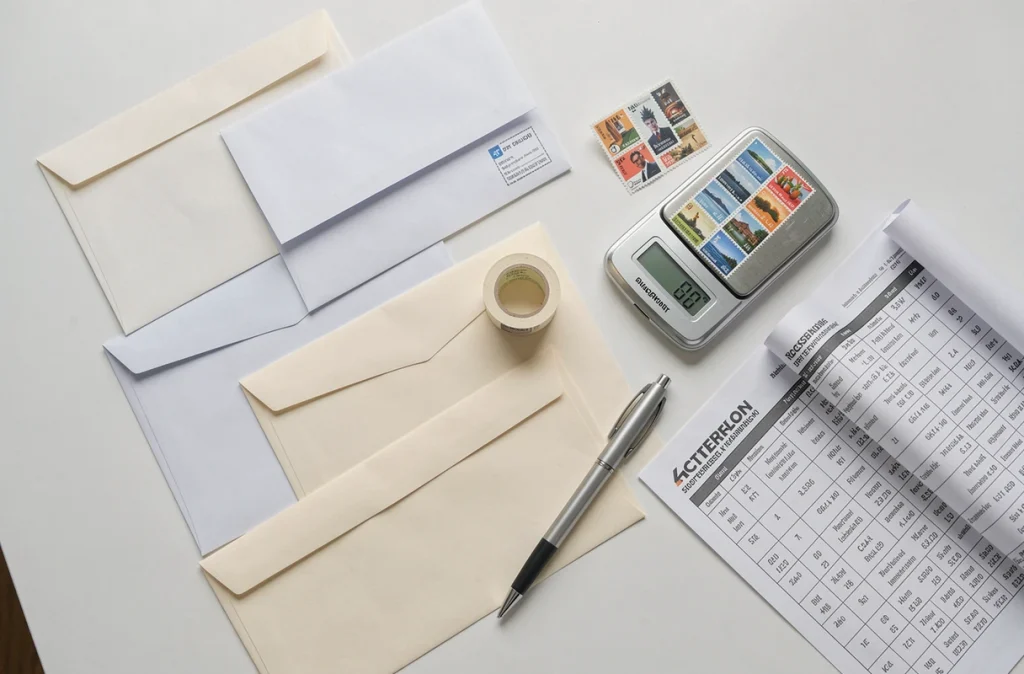Vue de dessus d'un bureau avec enveloppes professionnelles, timbres et balance postale pour organiser les envois courrier