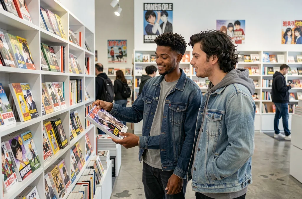 Groupe de jeunes adultes découvrant ensemble des mangas dans une librairie moderne et lumineuse