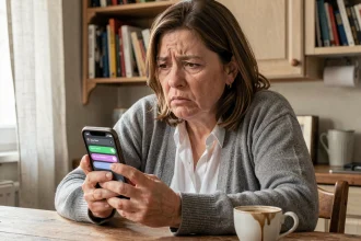Femme stressée tenant un smartphone avec des appels manqués répétés, illustrant le harcèlement téléphonique par un huissier