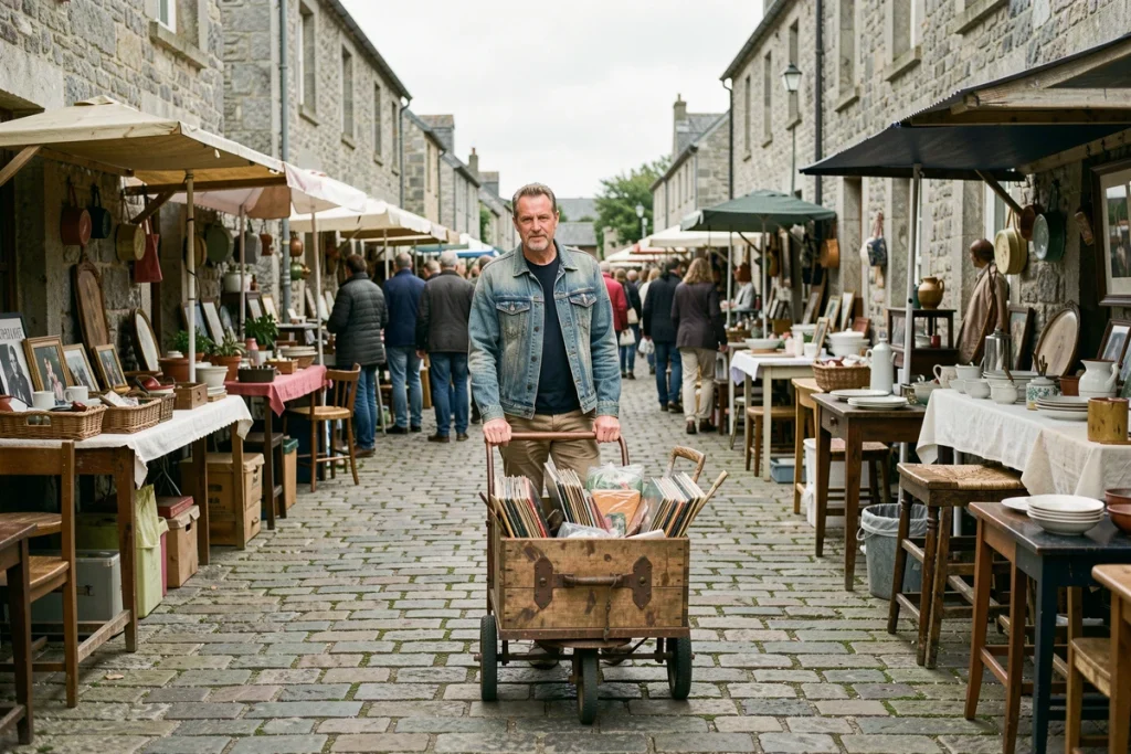 Homme tirant un chariot chargé d'objets chinés dans les allées d'un vide-grenier du Morbihan